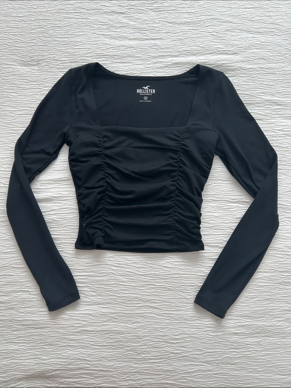Hollister Black Long-Sleeve Ruched Square Neck Top